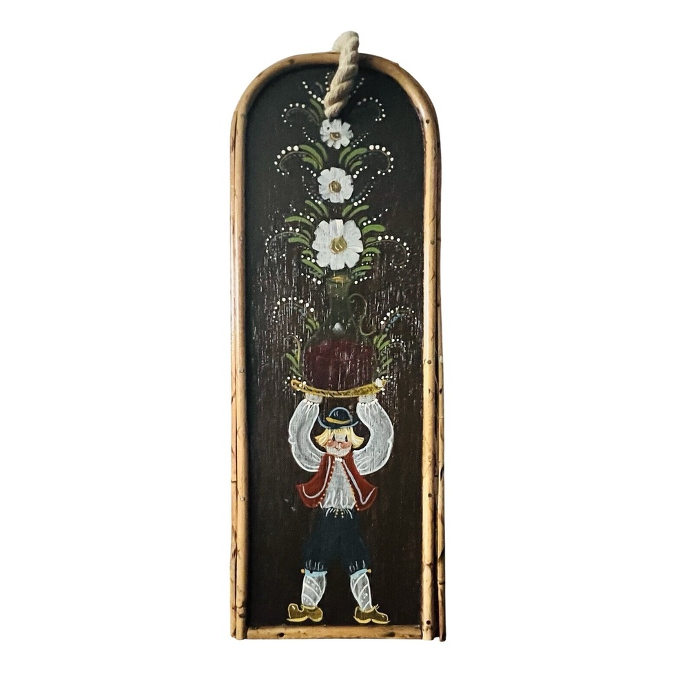 Vintage Hand Painted Scandinavian Folk Art Woven Wood Wine Box Gift Carrier 12in